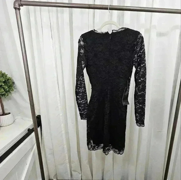Bebe Women's S Black Surplice Asymmetrical is Hem Lace Dress NWT - Picture 2 of 13
